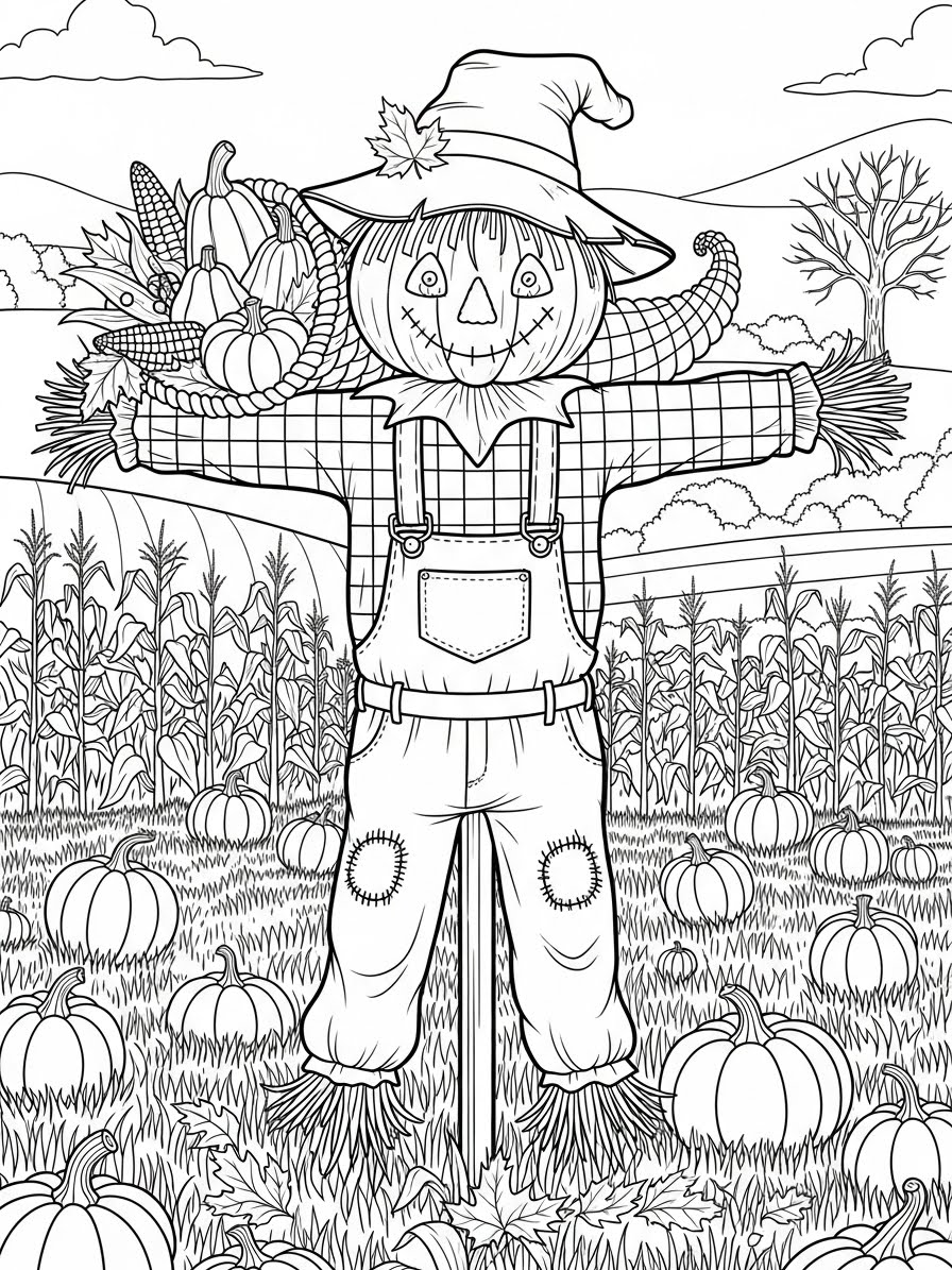 Desenho de Ação de Graças espantalho com abóbora para colorir