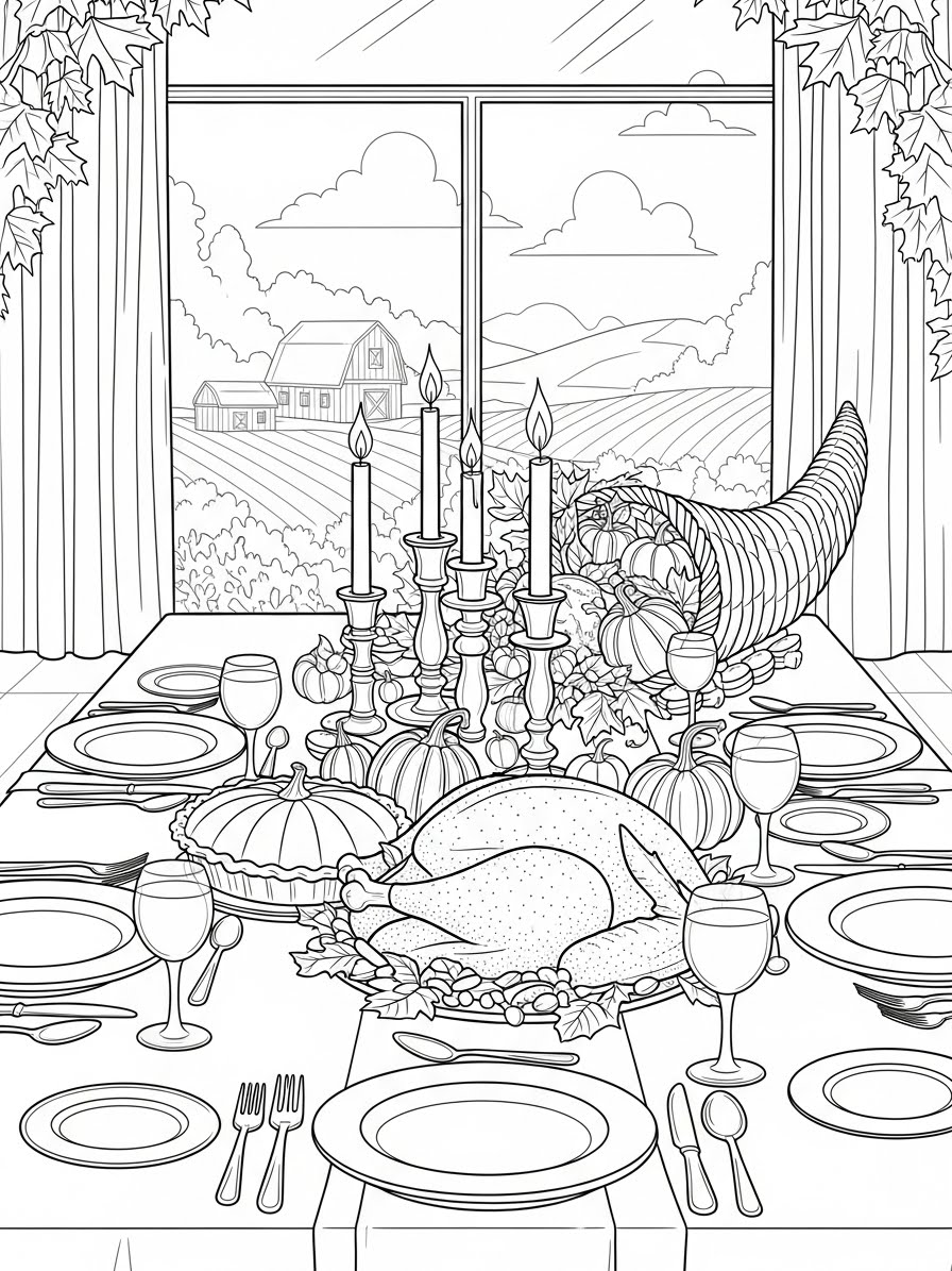 Desenho de Ação de Graças mesa farta com peru e decoração para colorir