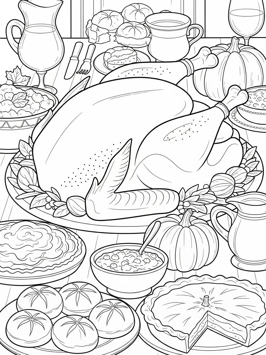 Desenho de Ação de Graças com peru na mesa para colorir
