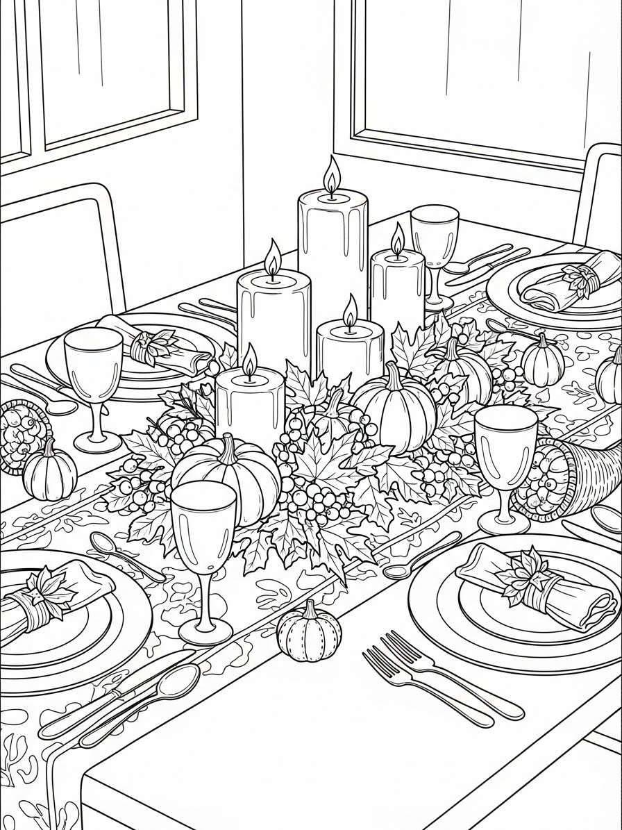 Desenho de Ação de Graças mesa decorada com velas para colorir