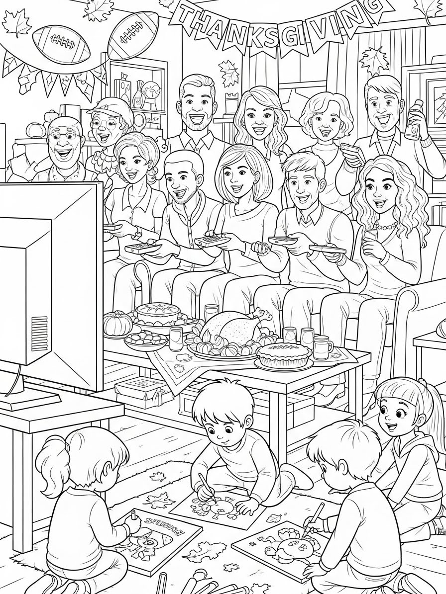 Desenho de Ação de Graças com familiares se divertindo para colorir