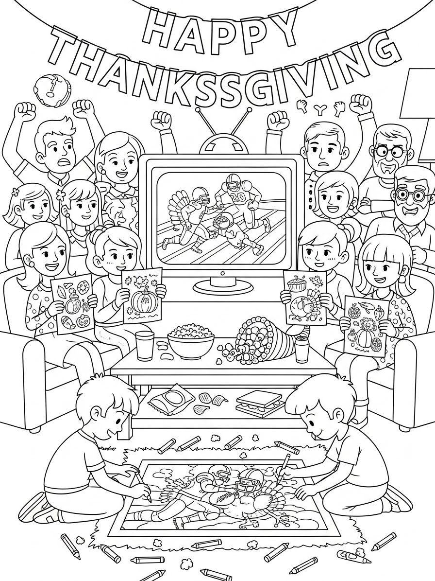 Desenho de Ação de Graças com familia assistindo TV para colorir