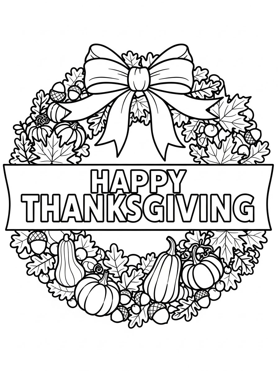 Desenho de Ação de Graças com guirlanda e letras para colorir