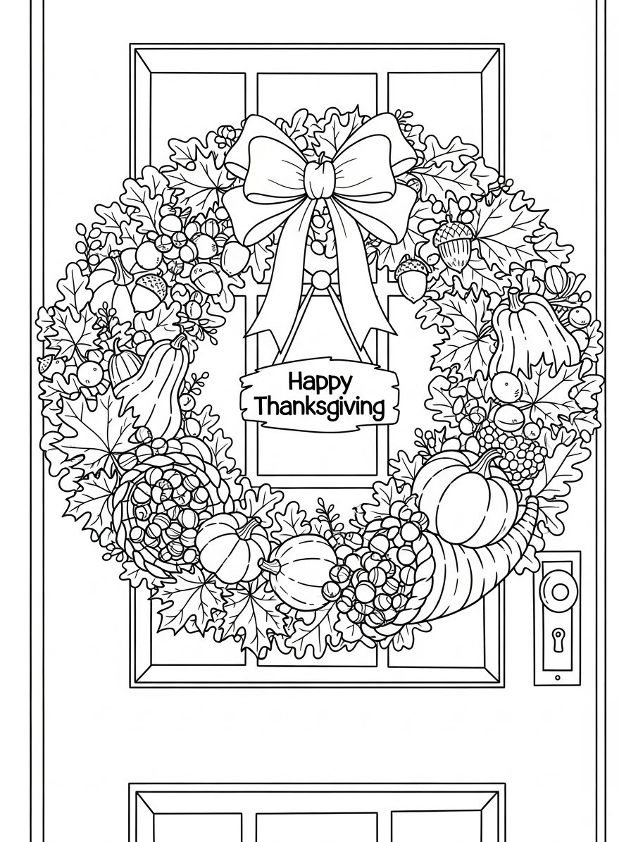Desenho de Ação de Graças com guirlanda para colorir