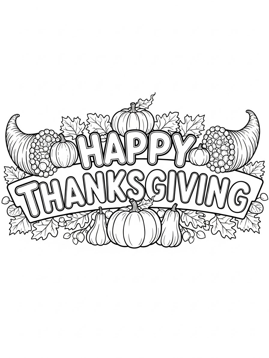 Desenho de Ação de Graças com letras e elementos decorativos