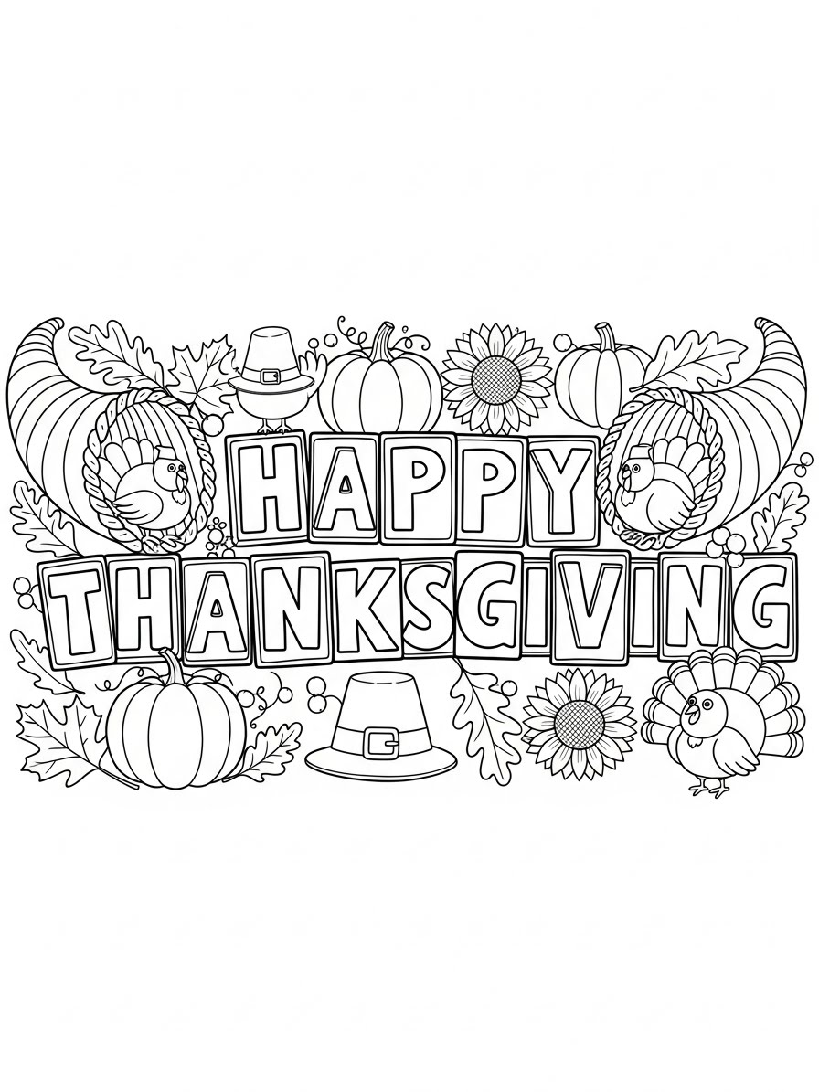 Desenho de Ação de Graças com letras e elementos para colorir