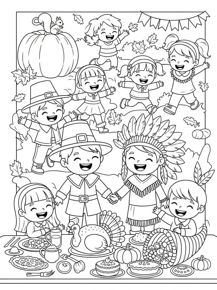 Desenho de Ação de Graças com crianças felizes para colorir