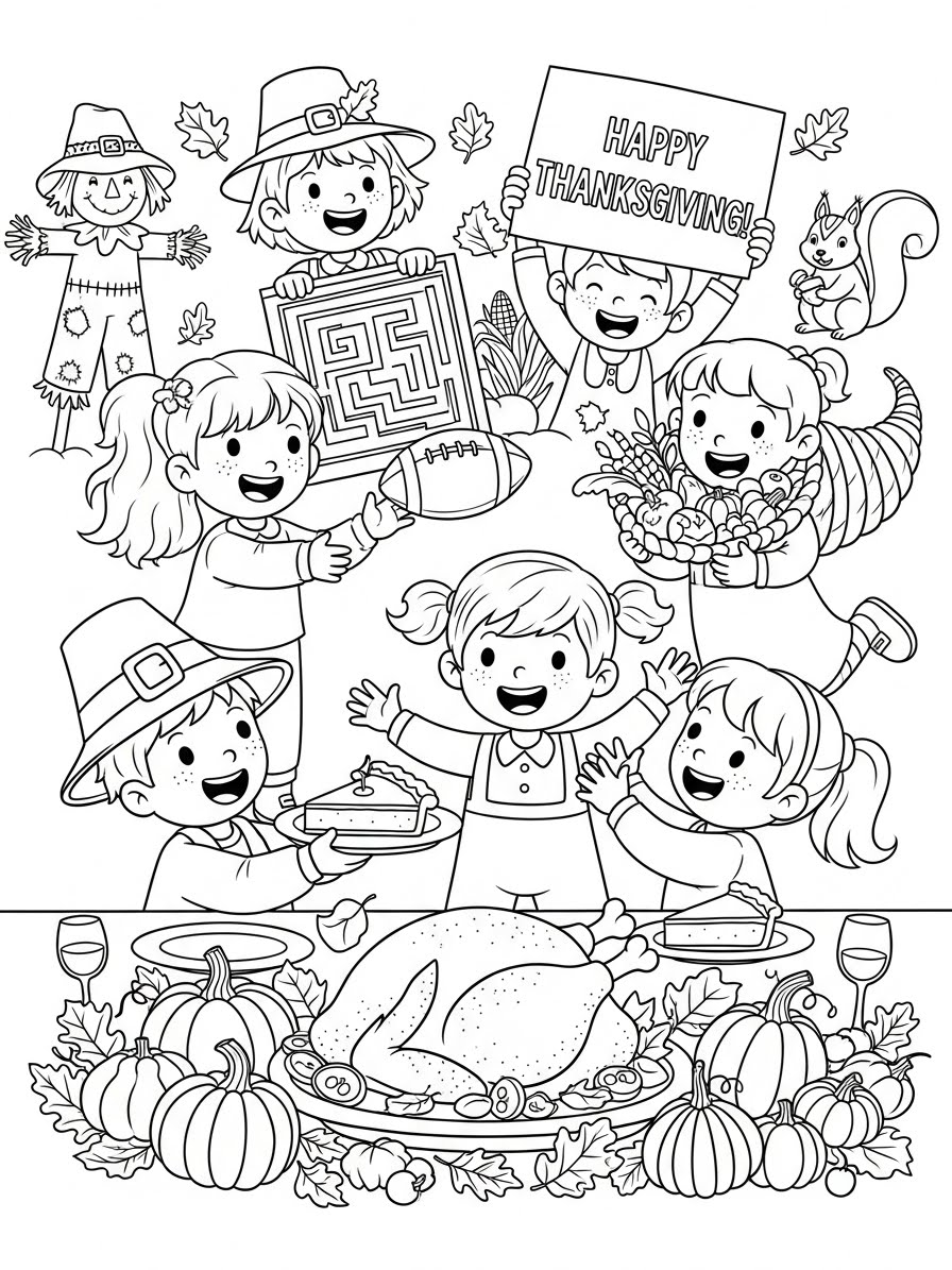 Desenho de Ação de Graças com crianças e mesa farta para colorir