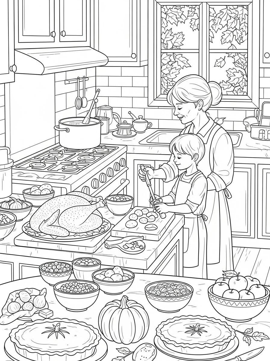Desenho de Ação de Graças com cozinha e pratos para colorir