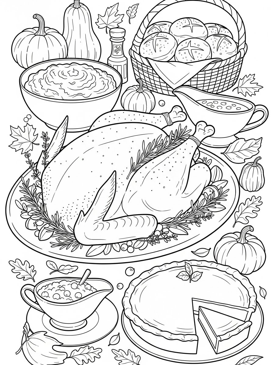 Desenho de Ação de Graças com comida tradicional para colorir