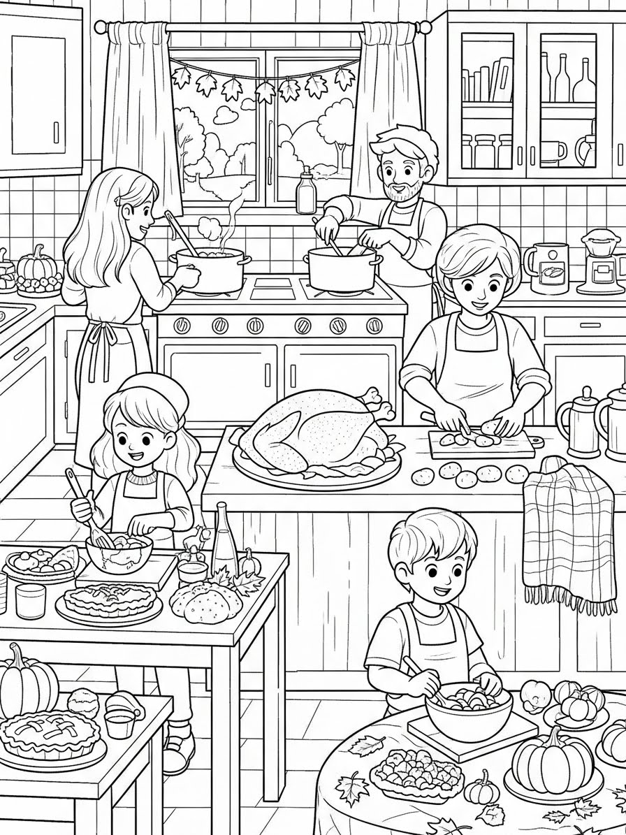 Desenho de Ação de Graças com familia cozinhando na cozinha