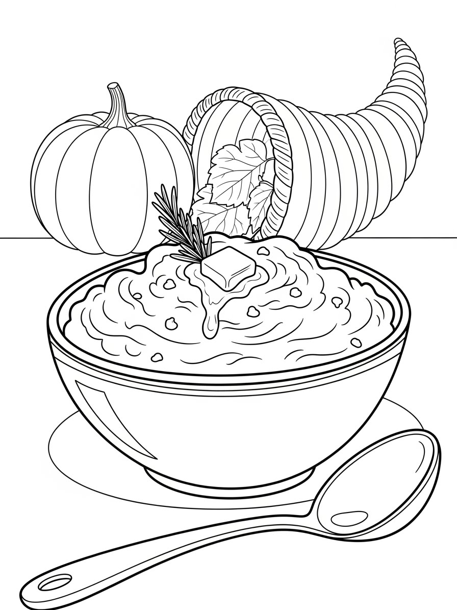 Desenho de Ação de Graças com comida em cumbuca para colorir