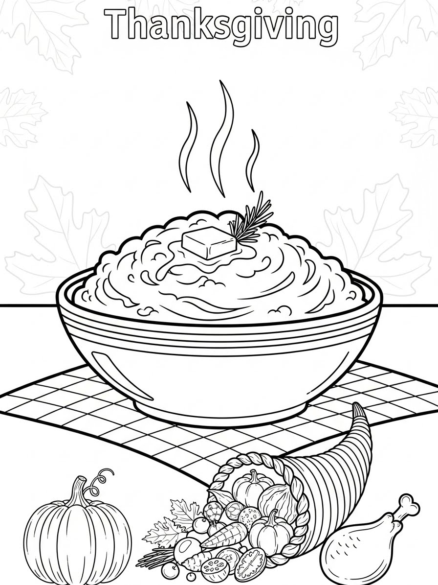 Desenho de Ação de Graças com prato de purê de batata para colorir