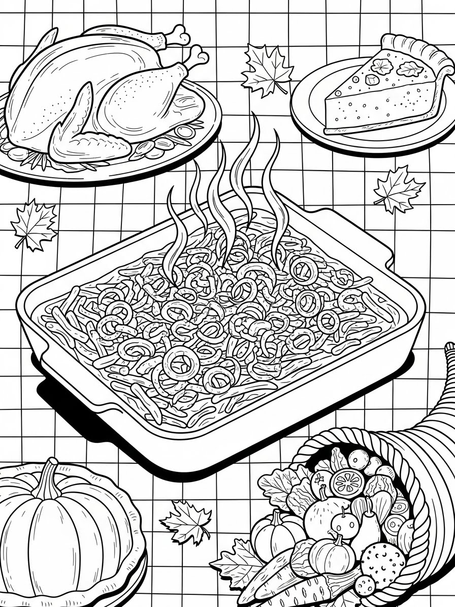 Desenho de Ação de Graças com alimentos fartos para colorir