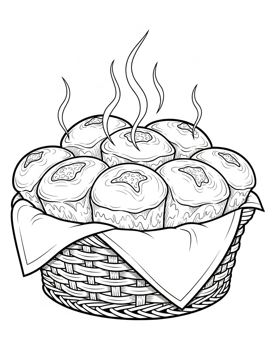 Desenho de Ação de Graças cesta com pães quentes para colorir