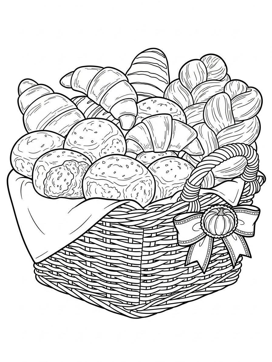Desenho de Ação de Graças cesta com pães para colorir
