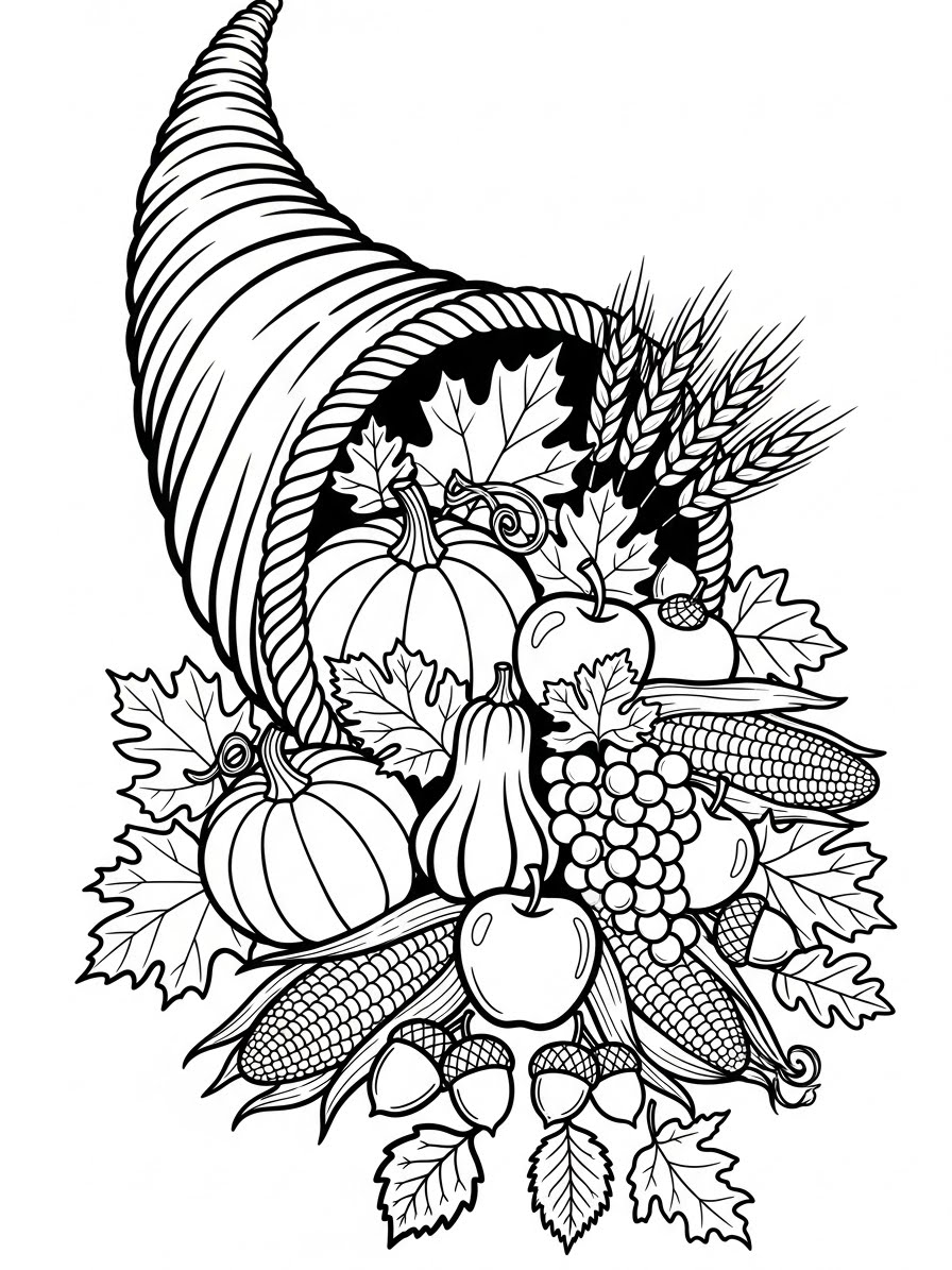 Desenho de Ação de Graças com cornucópia e frutas para colorir