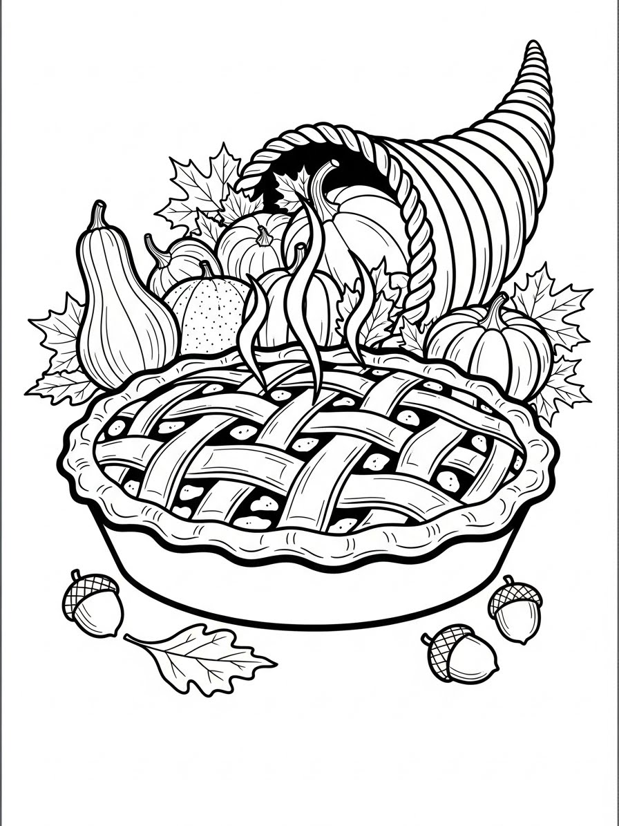 Desenho de Ação de Graças com torta e cornucópia para colorir