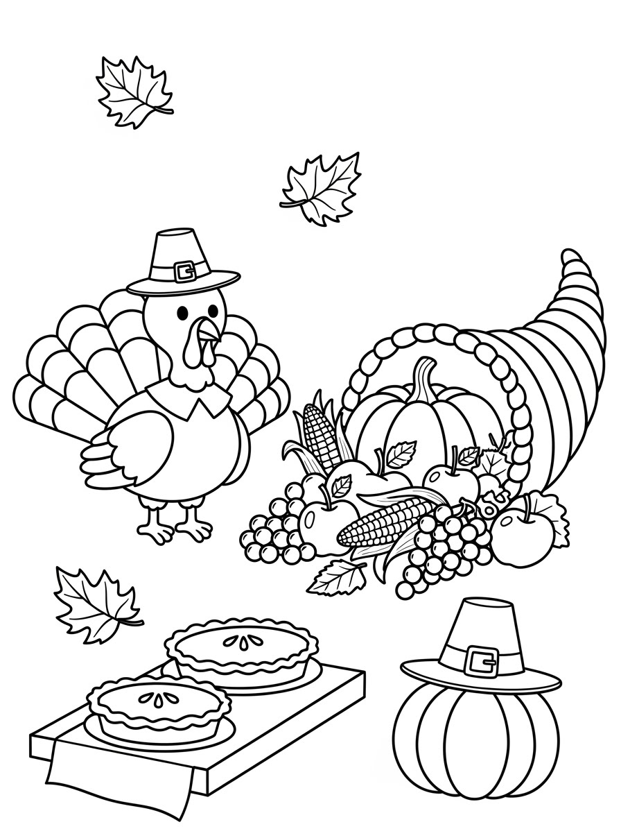 Desenho de Ação de Graças com peru e cornucópia para colorir