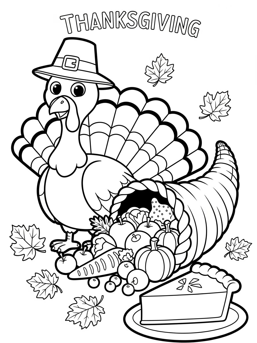 Desenho de Ação de Graças com peru e cornucópia para colorir