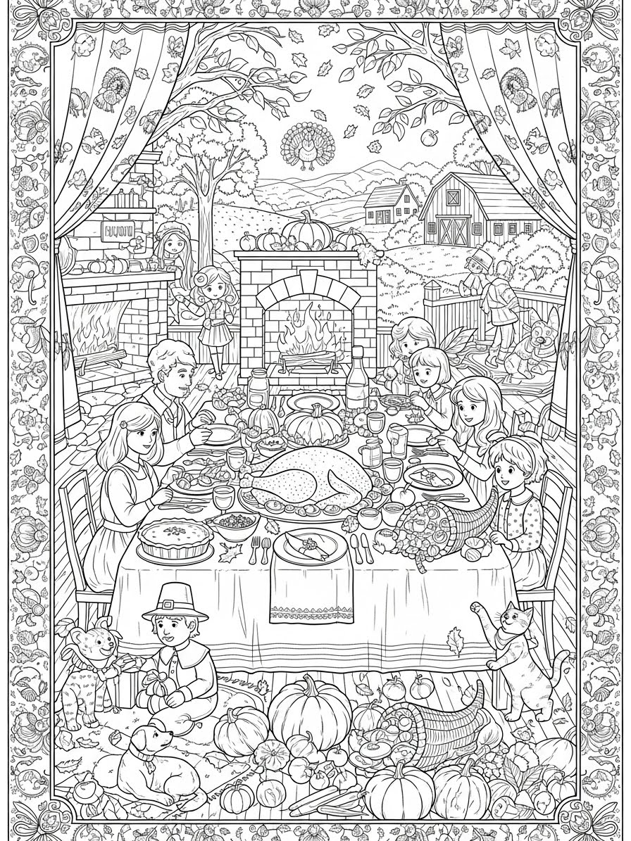 Desenho de Ação de Graças com família à mesa para colorir