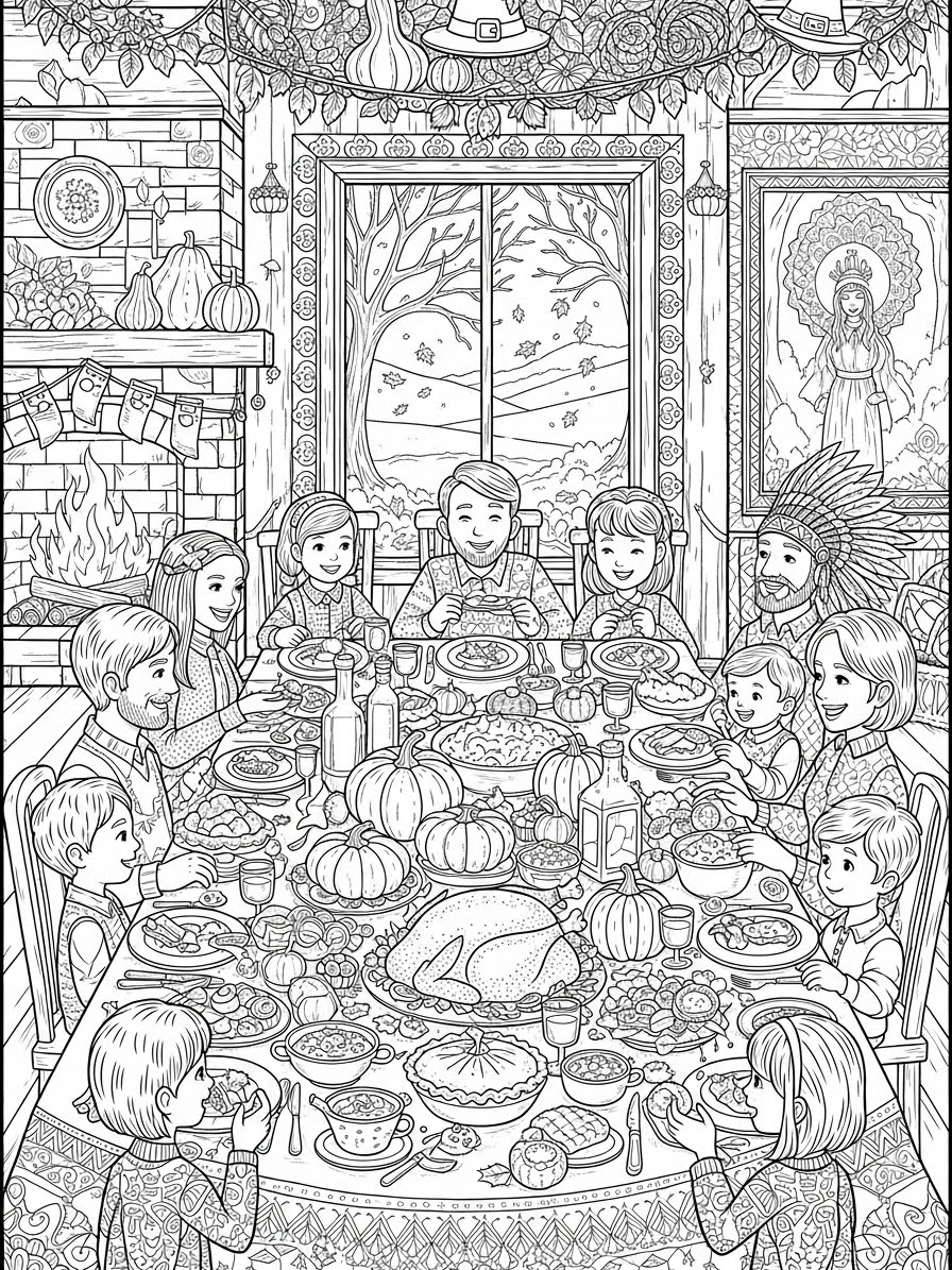 Desenho de Ação de Graças com familia na mesa para colorir