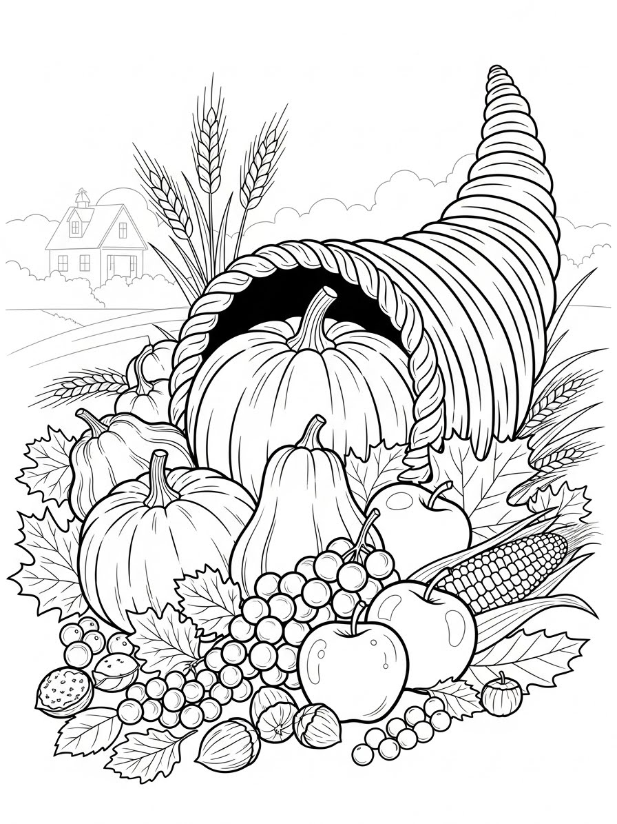 Desenho de Ação de Graças com cornucópia e vegetais para colorir