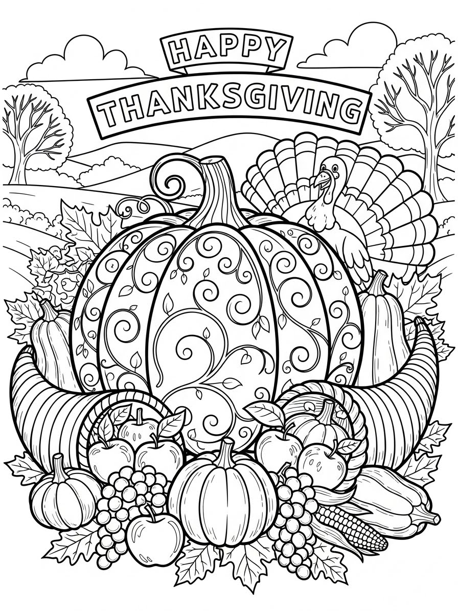 Desenho de Ação de Graças com abóbora e peru para colorir