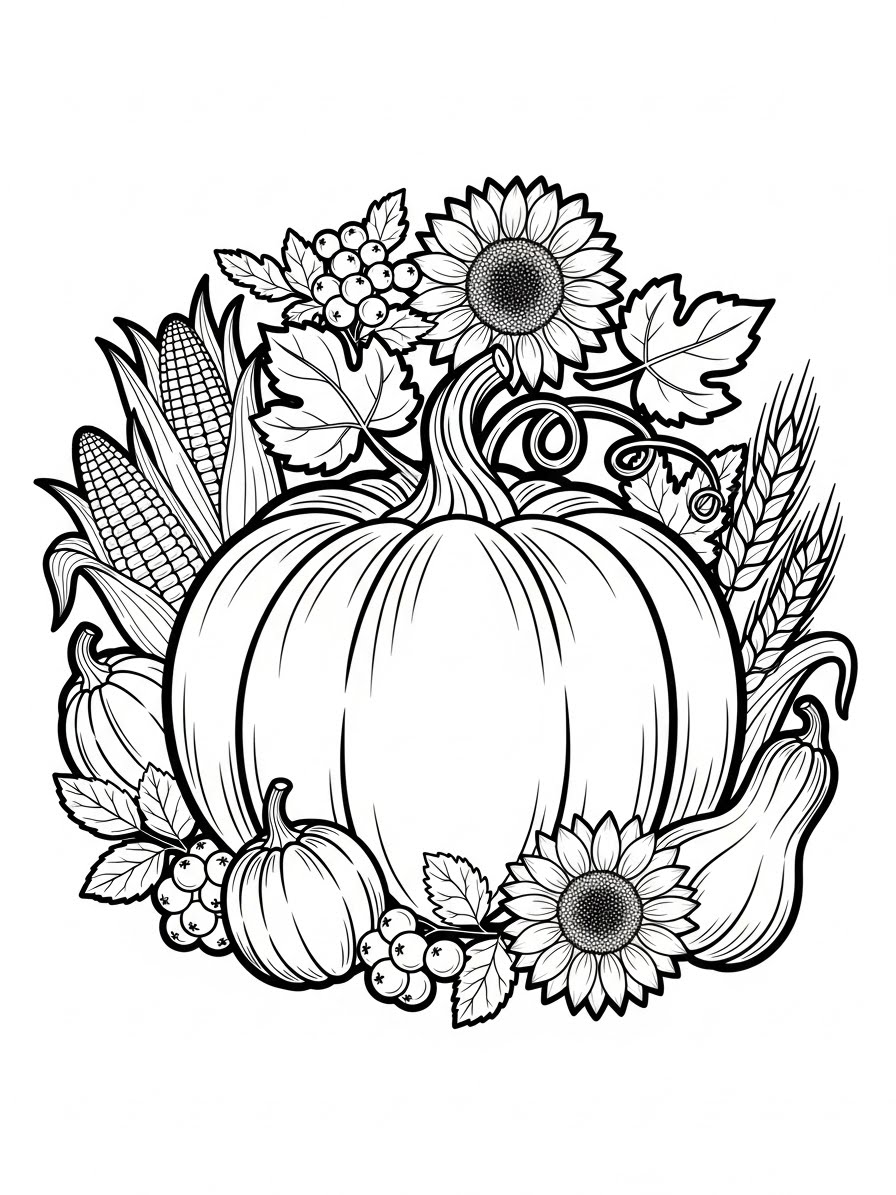 Desenho de Ação de Graças abóbora e flores para colorir