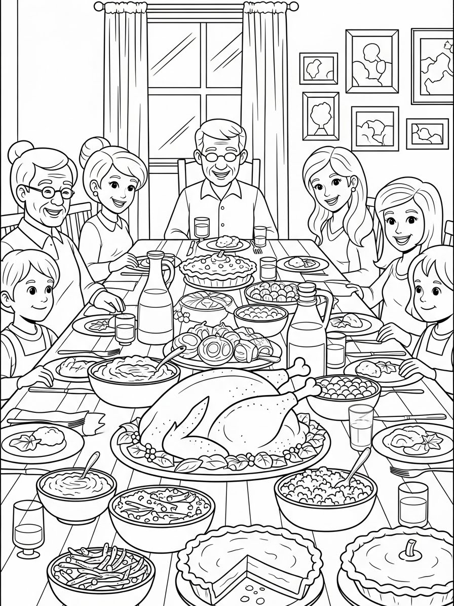 Desenho de Ação de Graças com mesa farta para colorir