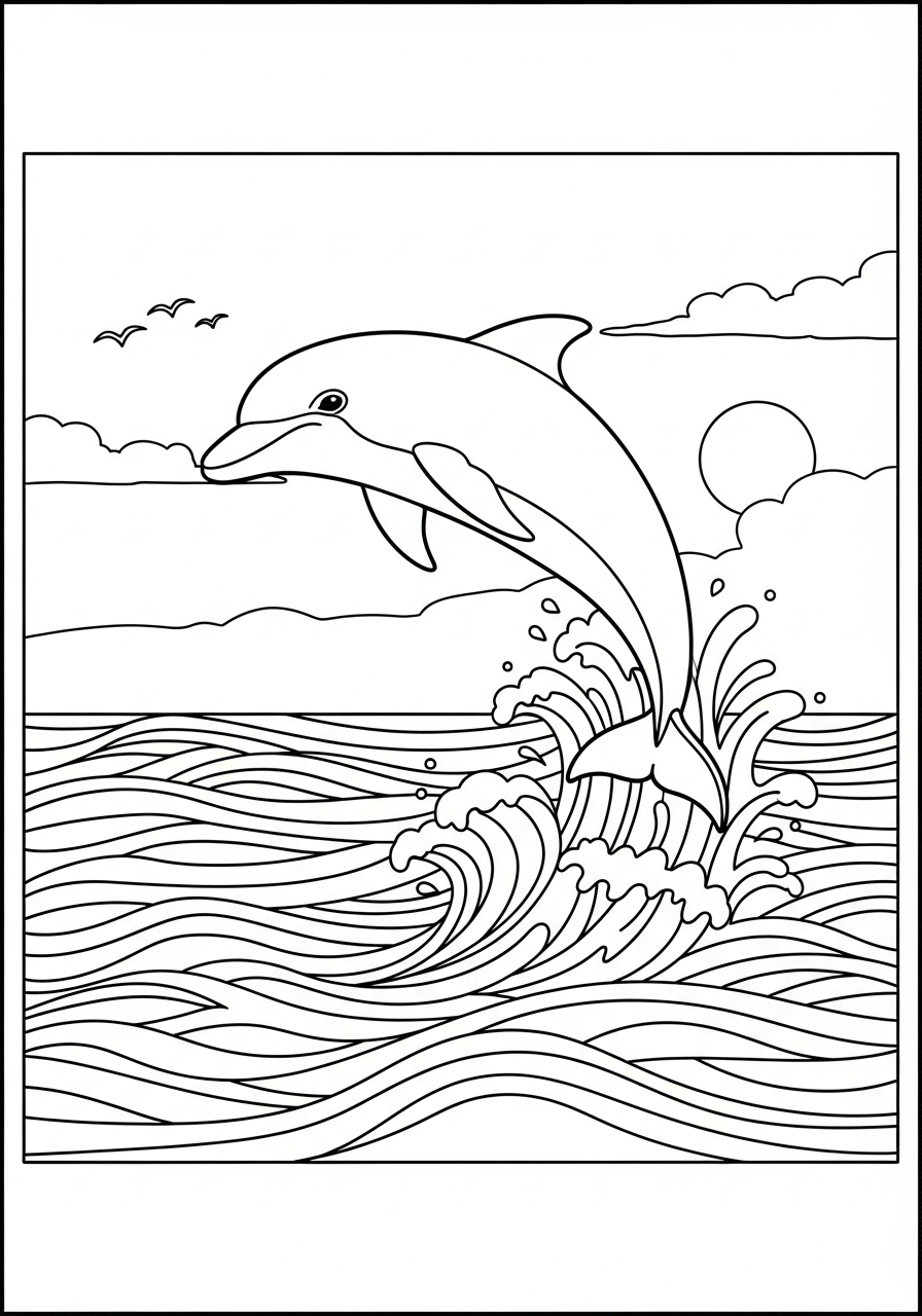 Desenho de Animais Marinhos com Golfinho pulando para colorir