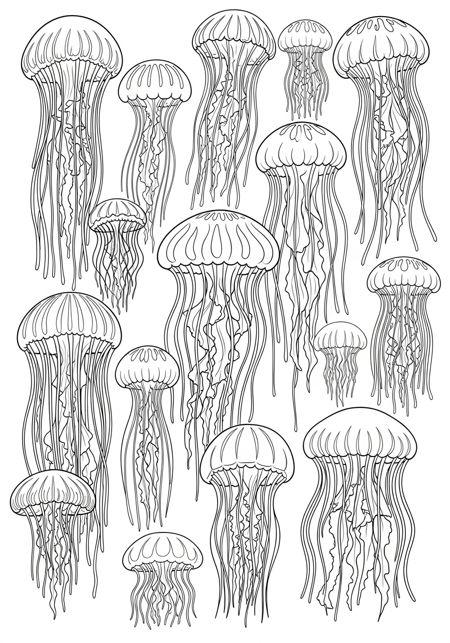 Desenho de Animais Marinhos com Medusas realistas para colorir