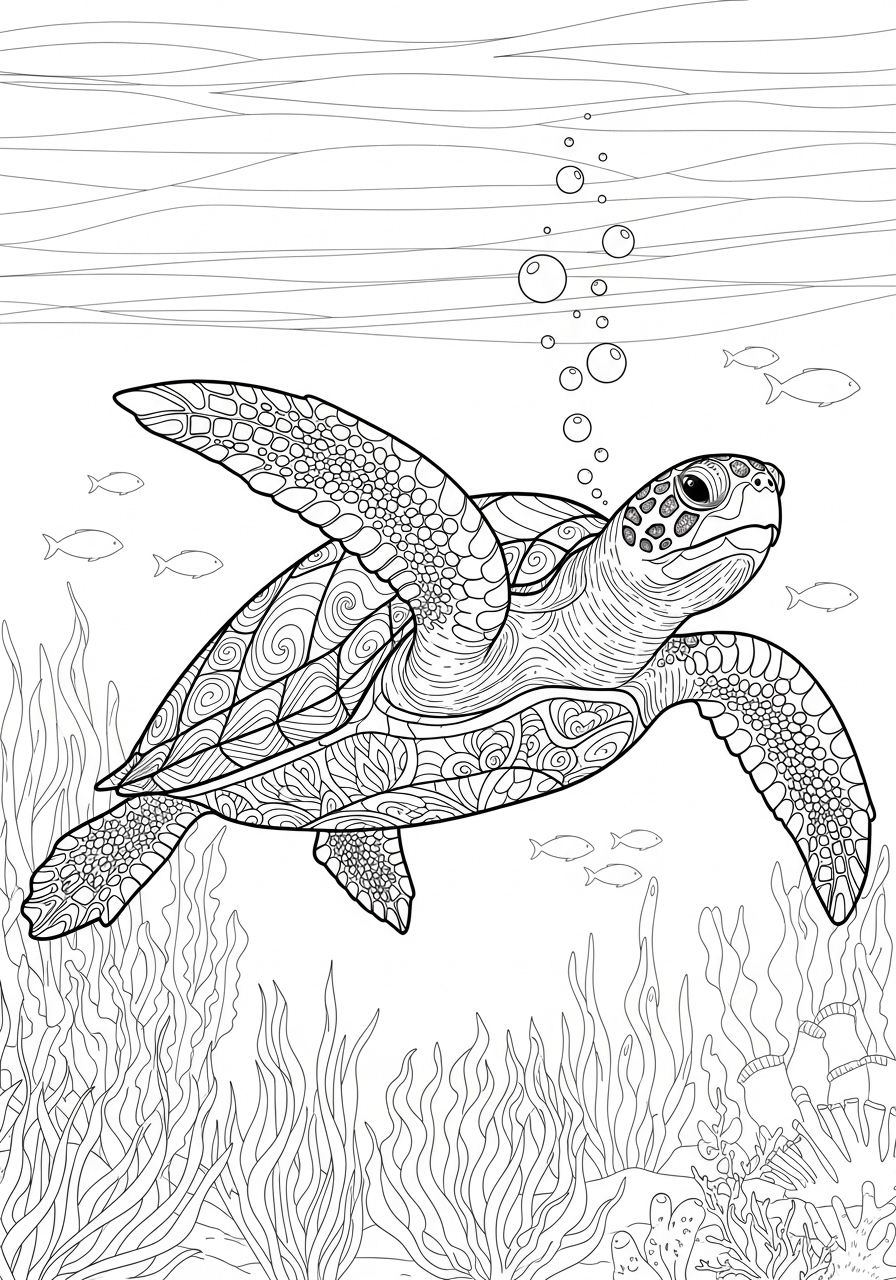 Desenho de Animais Marinhos com Tartaruga para colorir