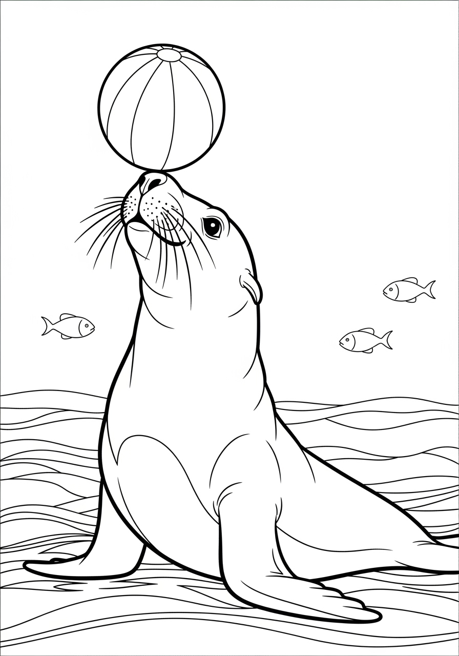 Desenho de Animais Marinhos com Foca e Bola para colorir