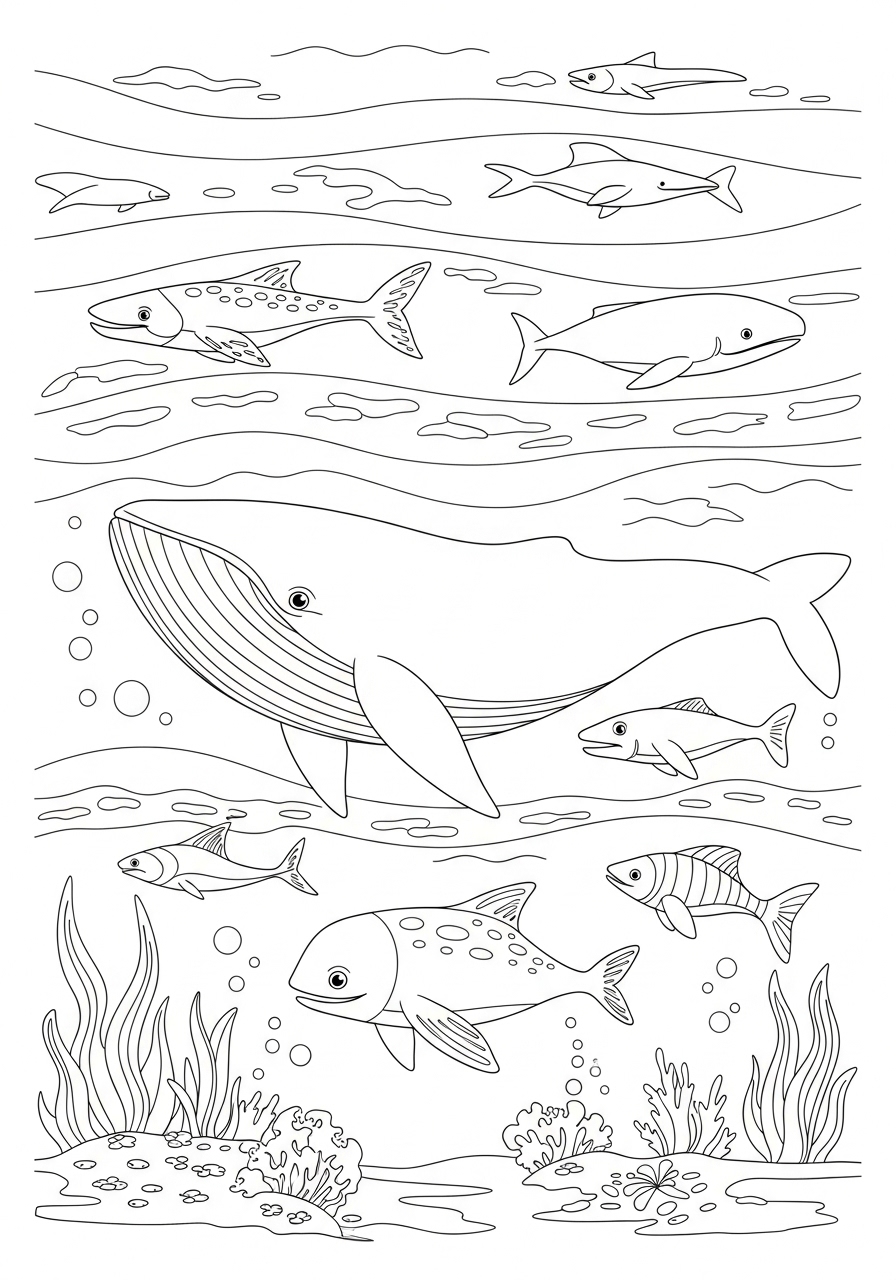 Desenho de Animais Marinhos com Baleia e peixes para colorir
