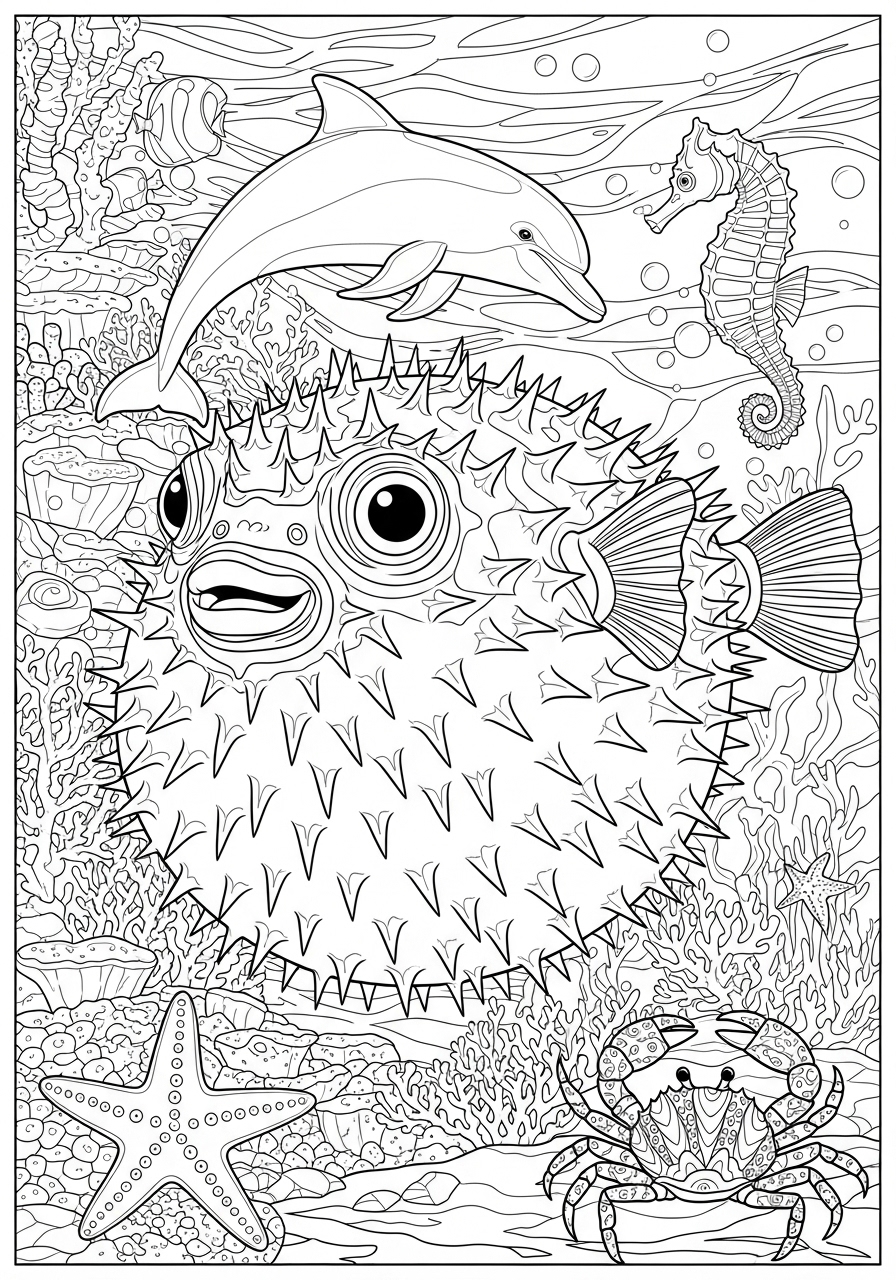 Desenho de Animais Marinhos com Peixe Balão fofo para colorir