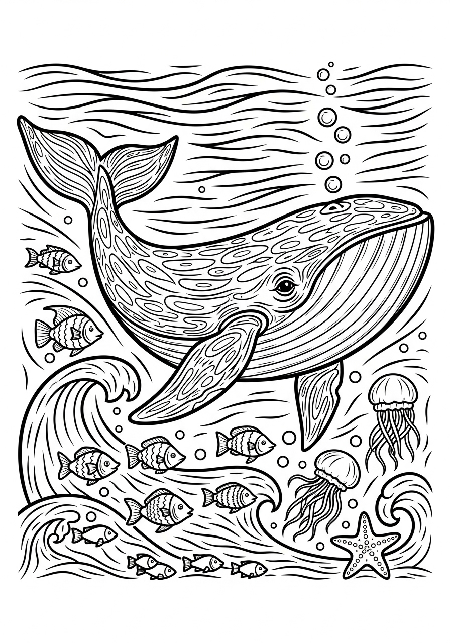 Desenho de Animais Marinhos com Baleia para colorir