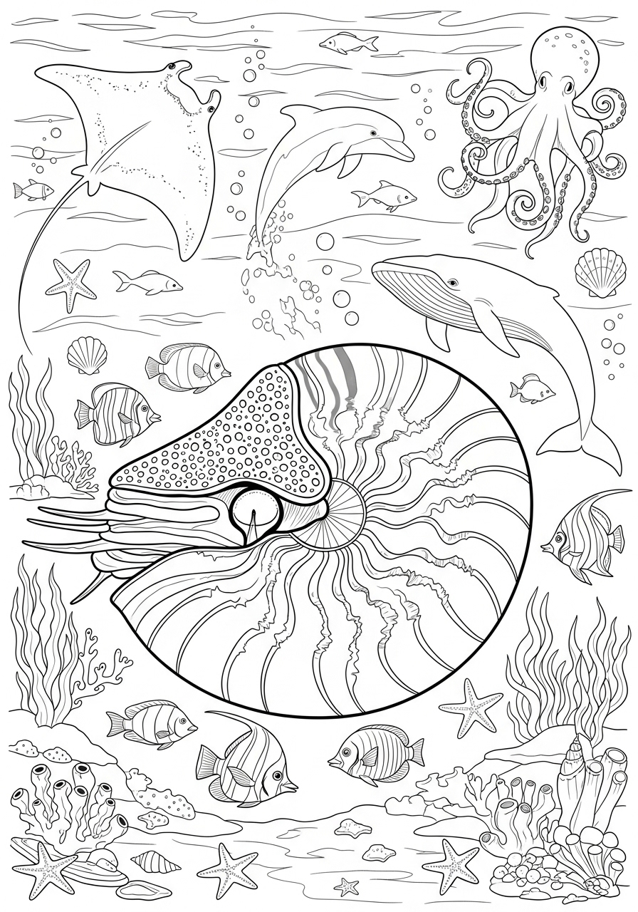 Desenho de Animais Marinhos com Nautilus para colorir