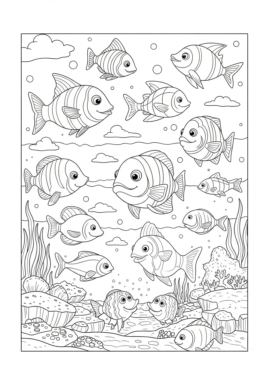 Desenho de Animais Marinhos com Peixes felizes para colorir
