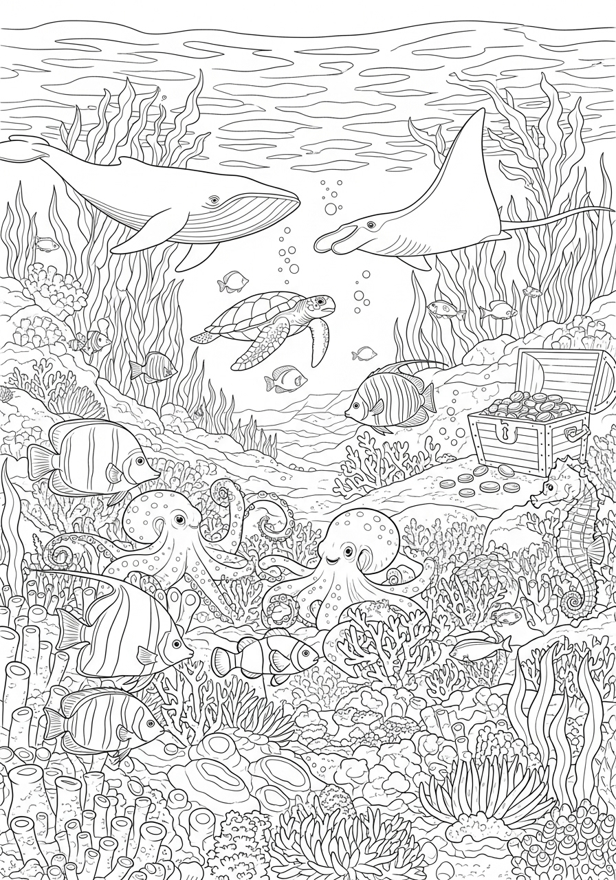 Desenho de Animais Marinhos com Tubarões e Polvo para colorir