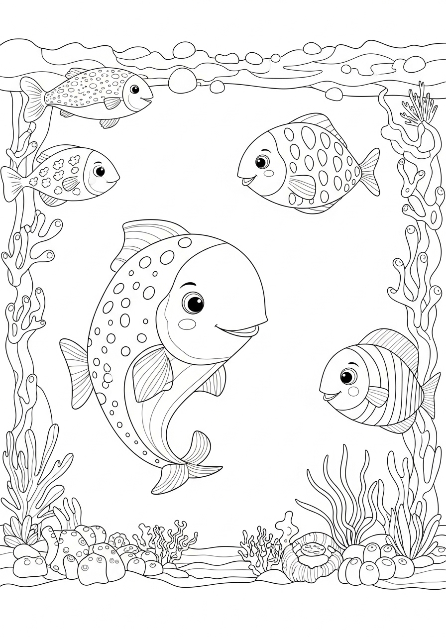 Desenho de Animais Marinhos com peixes alegres para colorir