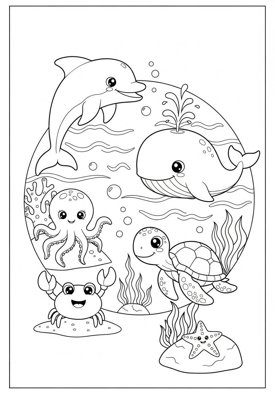 Desenho de Animais Marinhos com Golfinho e Tartaruga para colorir