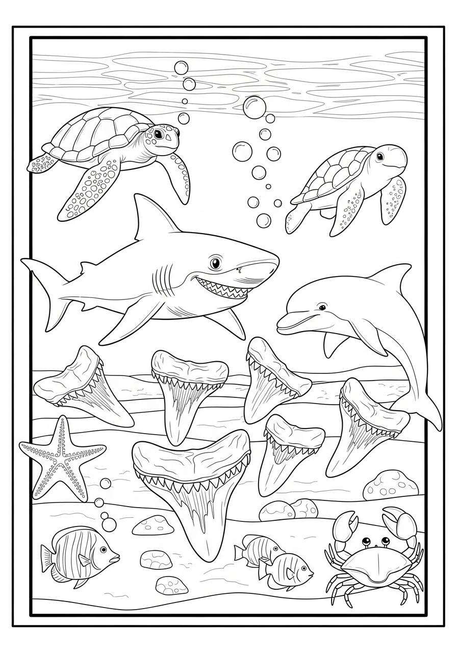 Desenho de Animais Marinhos com Tubarão e Golfinho para colorir