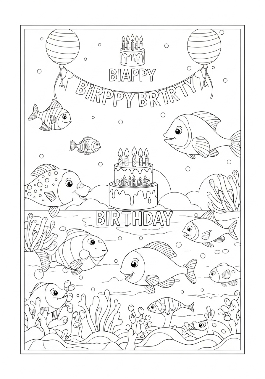 Desenho de Animais Marinhos com Festa de Aniversário para colorir