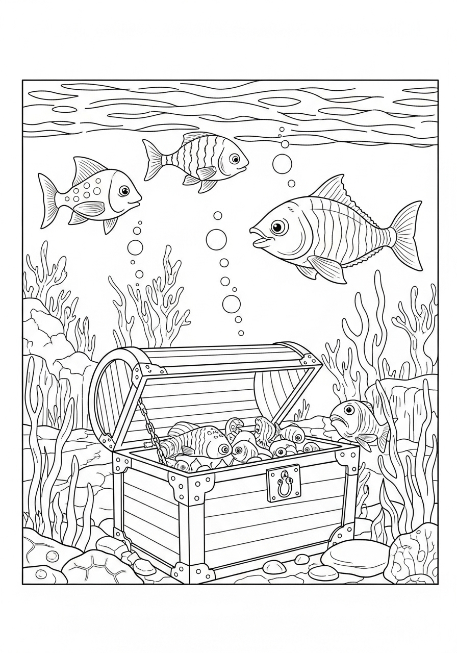 Desenho de Animais Marinhos com Peixes e Baú para colorir