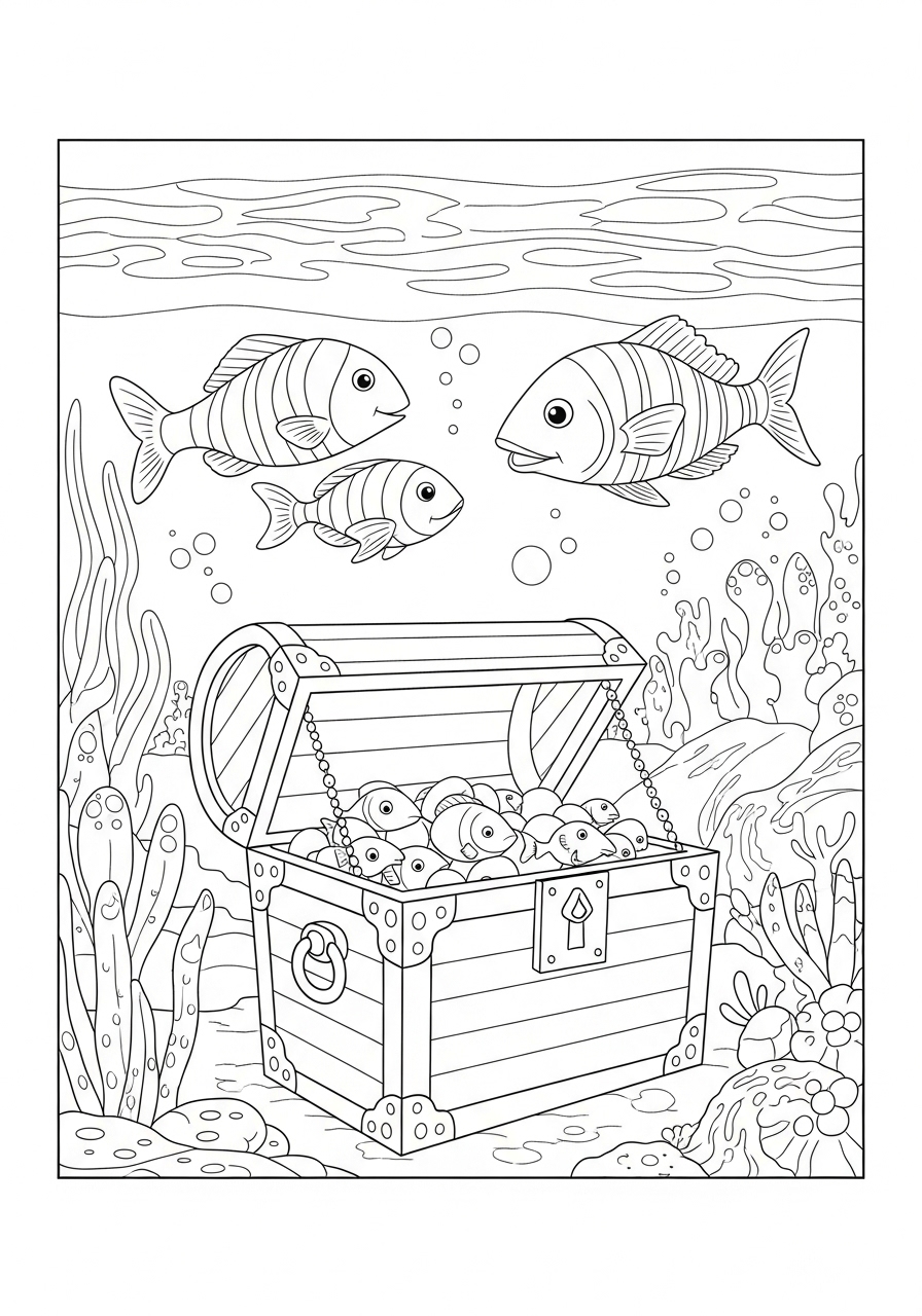 Desenho de Animais Marinhos com Peixes e Baú para colorir