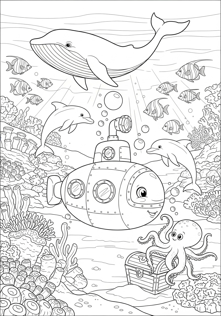 Desenho de Animais Marinhos com Baleia e Polvo para colorir