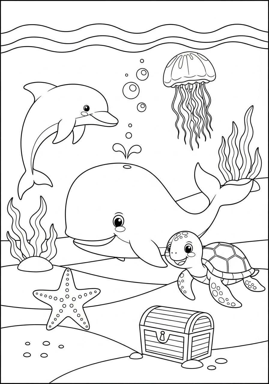 Desenho de Animais Marinhos com Golfinho e Baleia para colorir