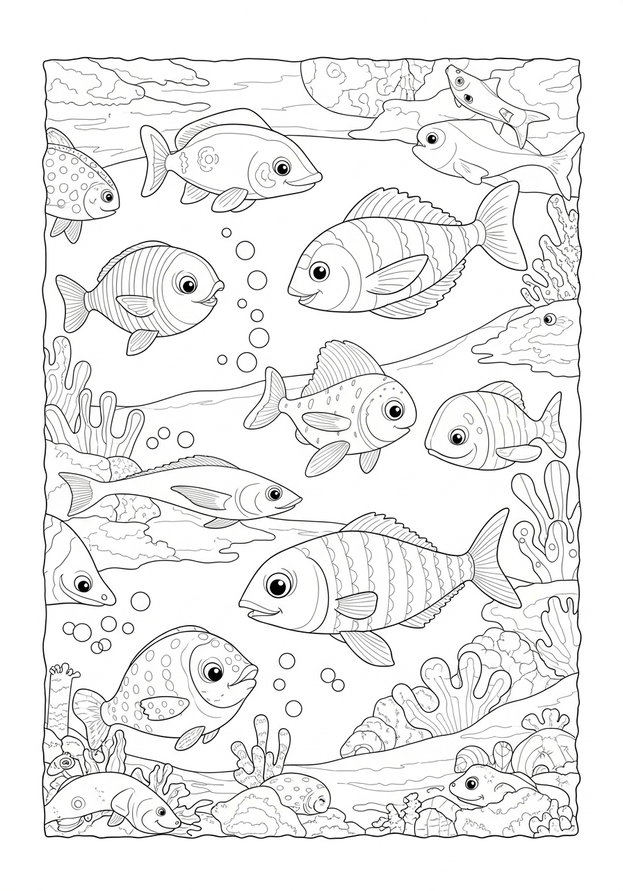 Desenho de Animais Marinhos com Peixes fofos para colorir