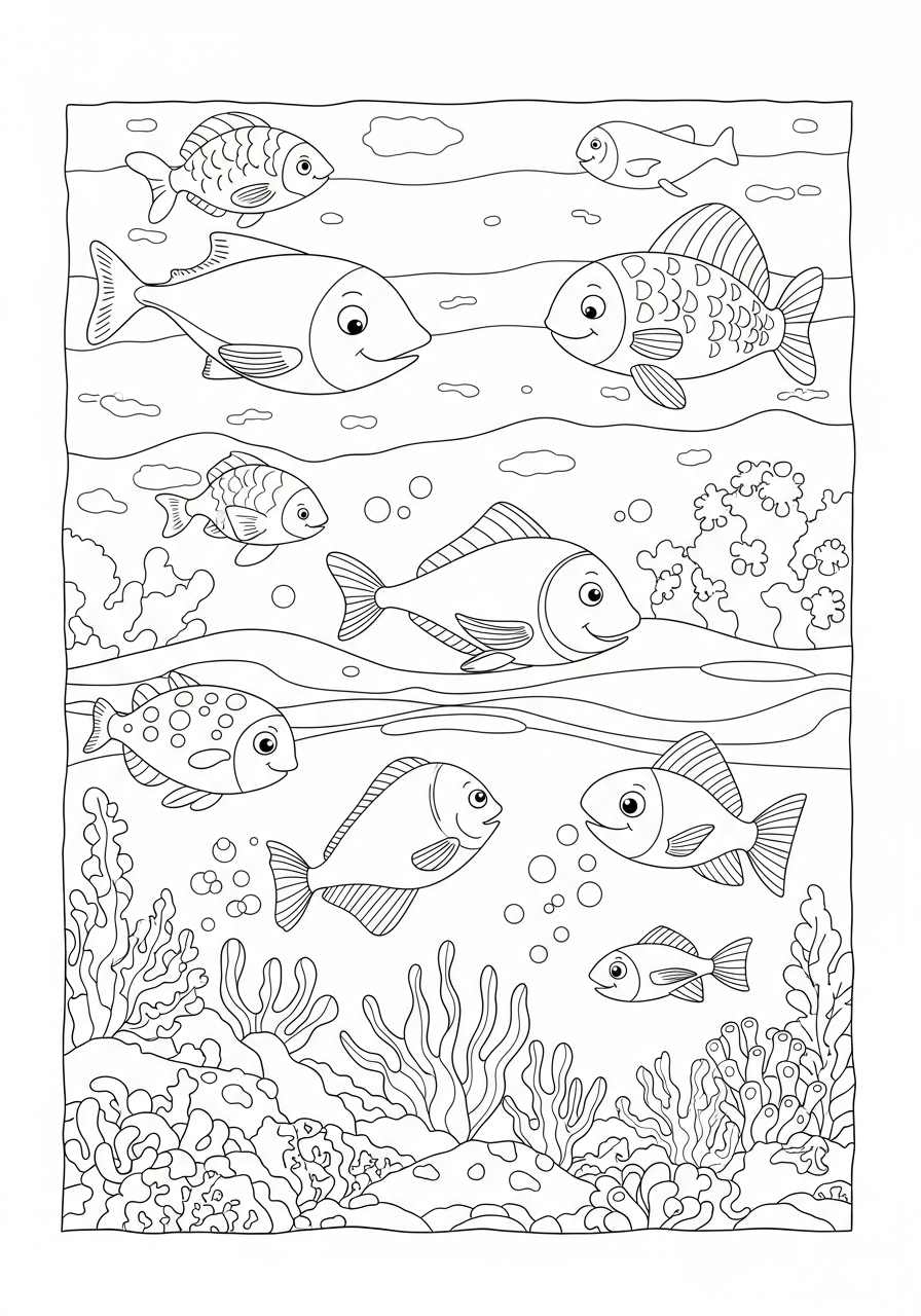 Desenho de Animais Marinhos com Peixes fofos para colorir